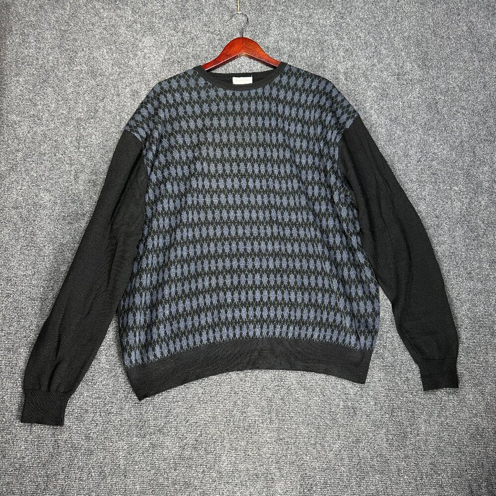Linea Rosso Sweater Mens XXL Long Sleeve Blue Black Argyle Wool Blend Crew